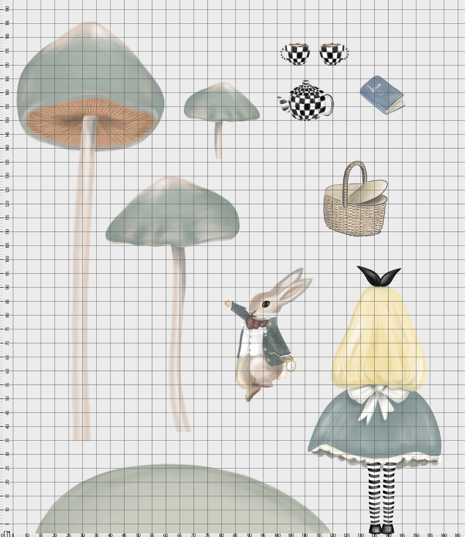 Alice, Mantarlar, Çaydanlık ve Bay Tavşan Duvar Sticker — detay görünümü | Craft Paper Co