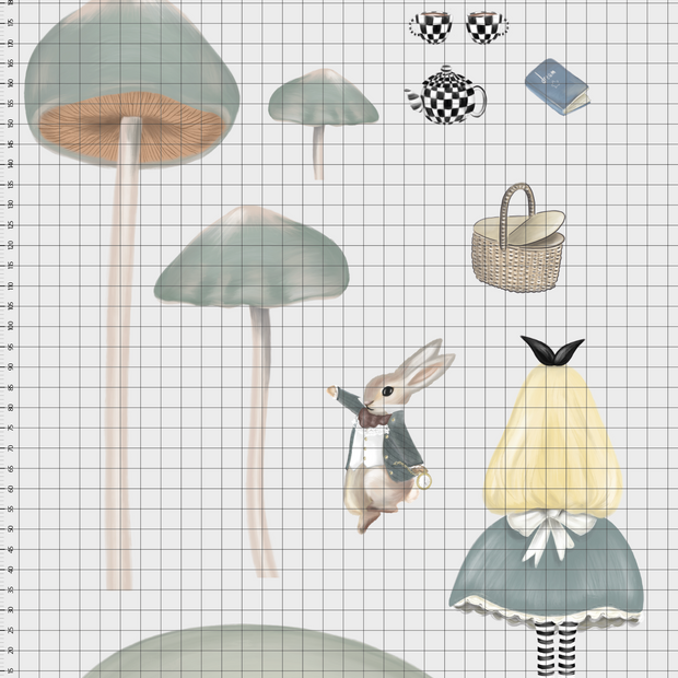 Alice, Mantarlar, Çaydanlık ve Bay Tavşan Duvar Sticker — detay görünümü | Craft Paper Co