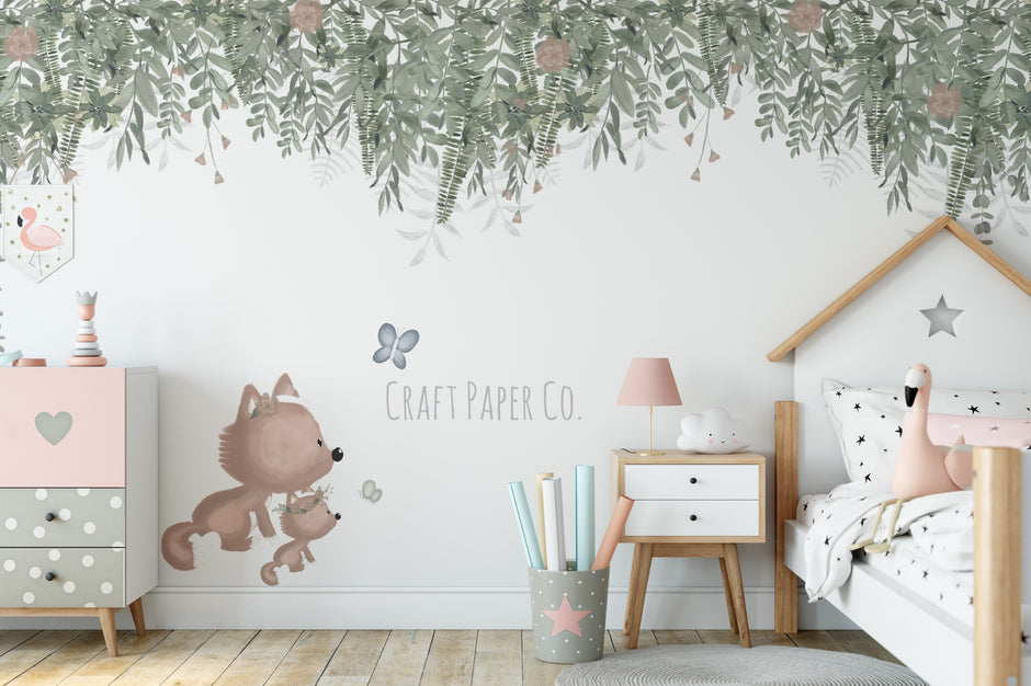 Anne Tilki Ve Çocuk Tilki Bebek ve Çocuk Odası Duvar Kağıdı — El çizimi, ölçüye özel üretim | Craft Paper Co