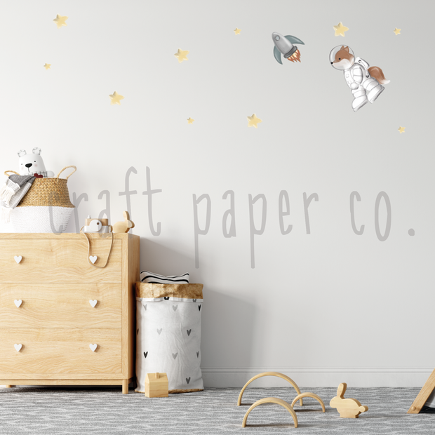 Astrofox ve Roket Çocuk Odası Duvar Sticker — detay görünümü | Craft Paper Co