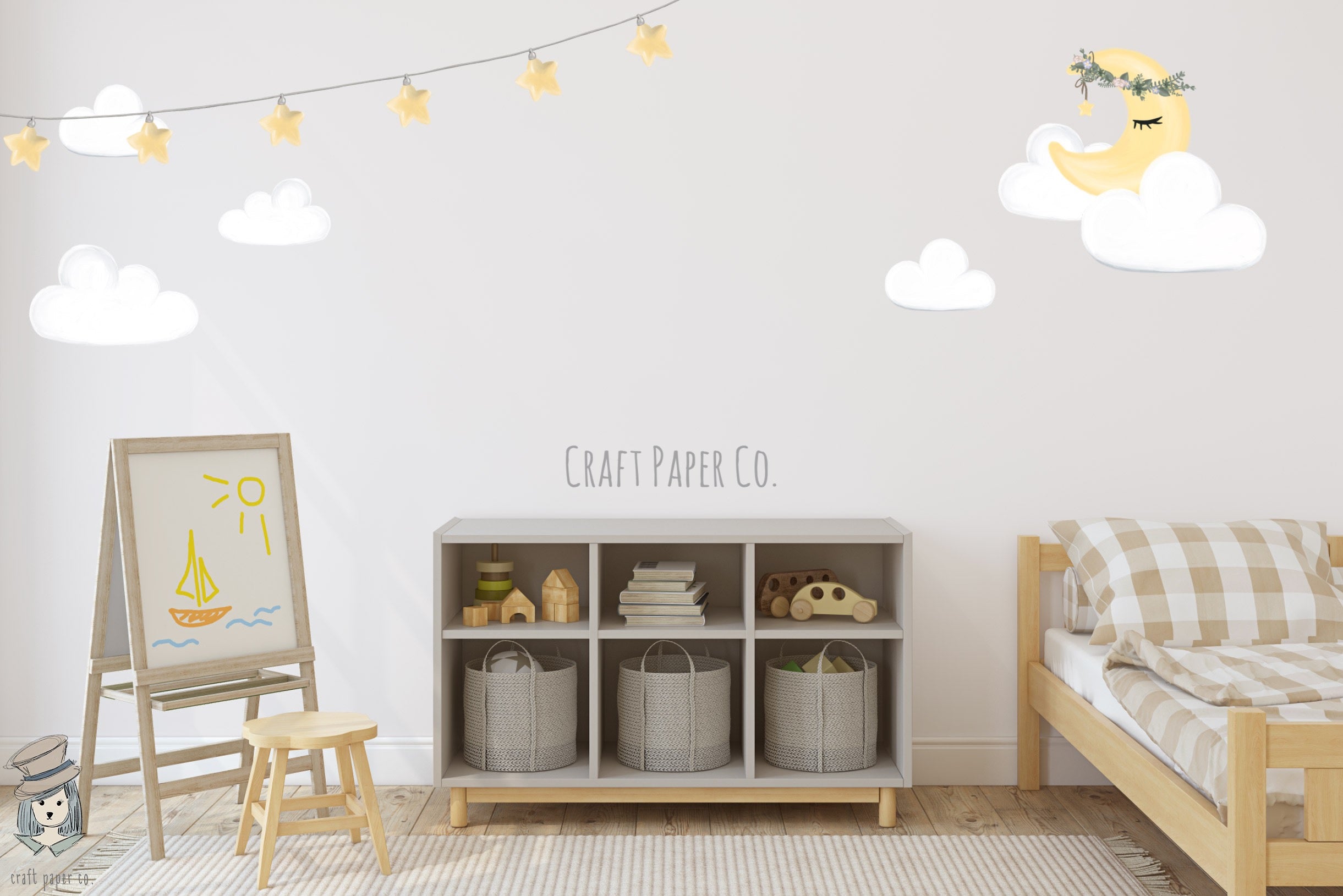 Ay Ve Bulutlar Çocuk Odası Duvar Kağıdı — El çizimi, ölçüye özel üretim | Craft Paper Co