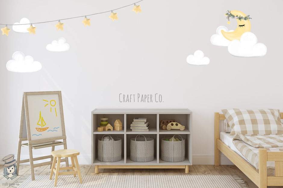 Ay Ve Bulutlar Çocuk Odası Duvar Kağıdı — El çizimi, ölçüye özel üretim | Craft Paper Co