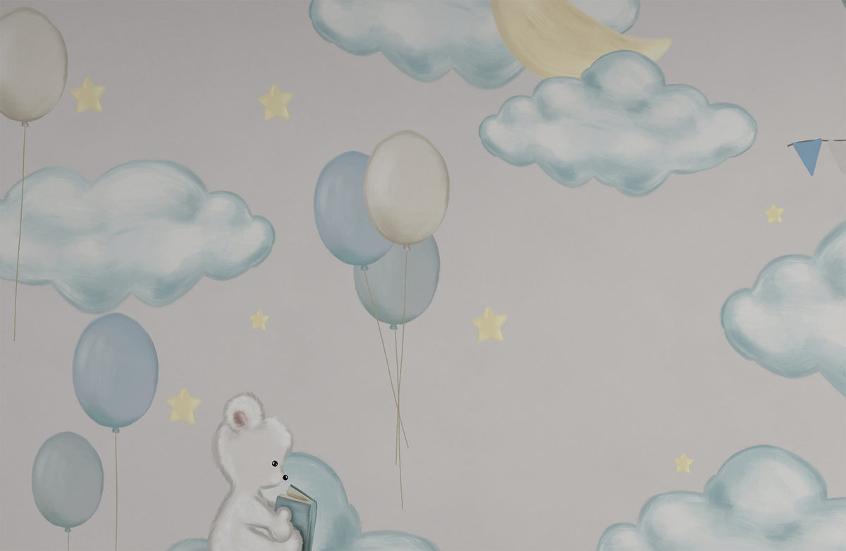 Ayıcıklar ve Planör Duvar Kağıdı; bulutta kitap okuyan ayıcık, mavi balonlar ve sarı yıldızlar yakın çekim | Craft Paper Co