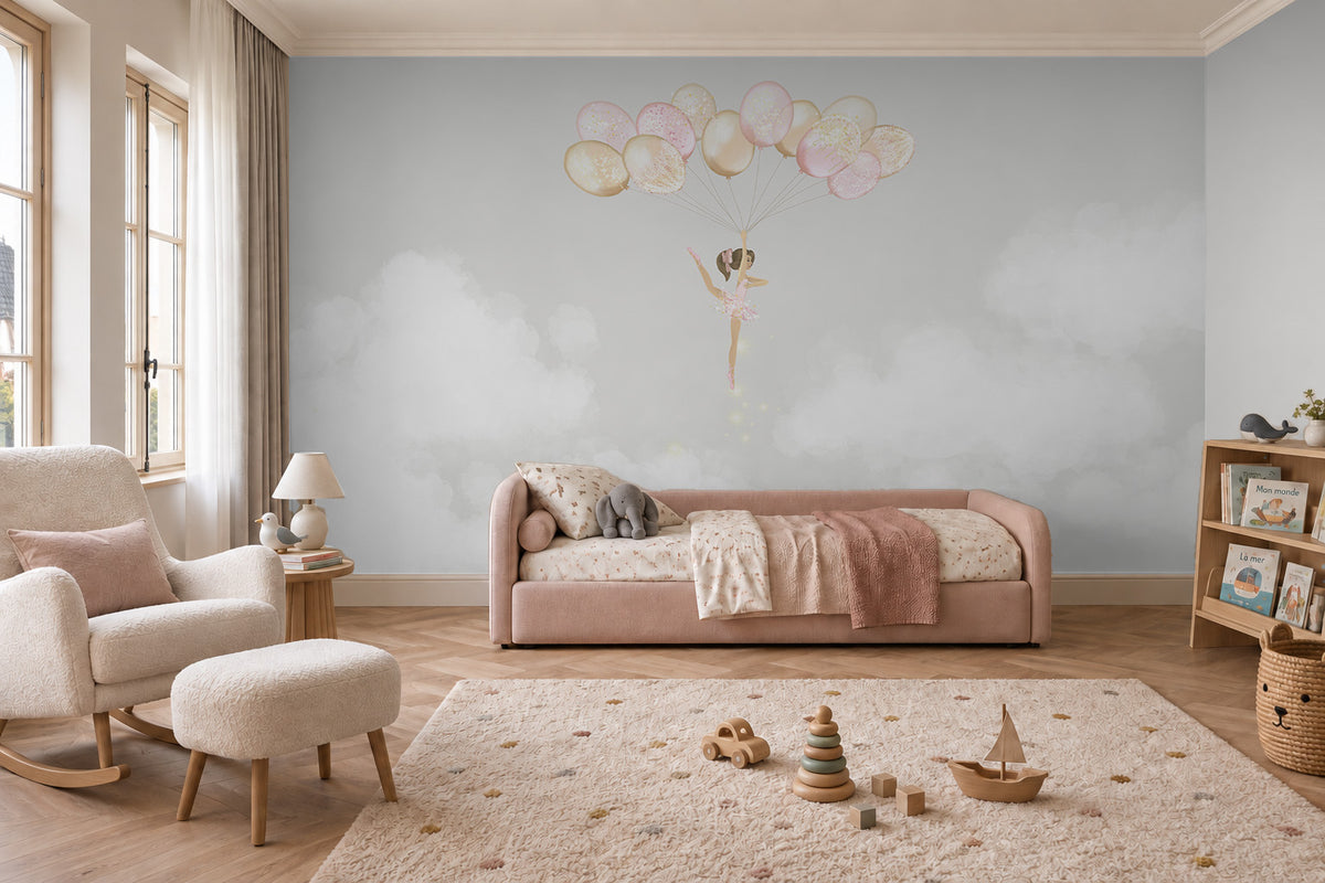 Balerin ve Balonlar Duvar Kağıdı; pembe daybedli odada açık gri gökte balonlarla süzülen balerin | Craft Paper Co