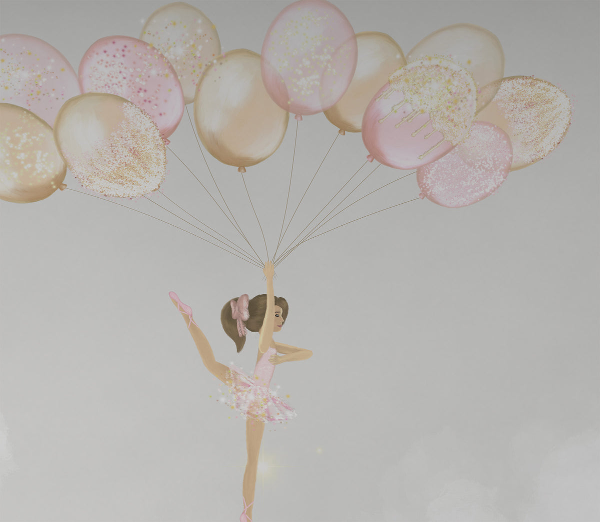 Balerin ve Balonlar Duvar Kağıdı; pembe tütülü balerin ve simli pembe-altın balon demeti yakın çekim | Craft Paper Co