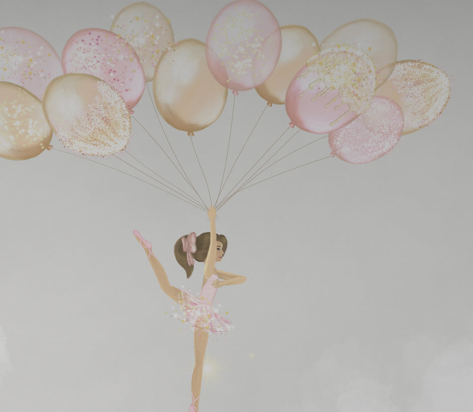 Balerin ve Balonlar Duvar Kağıdı; pembe tütülü balerin ve simli pembe-altın balon demeti yakın çekim | Craft Paper Co