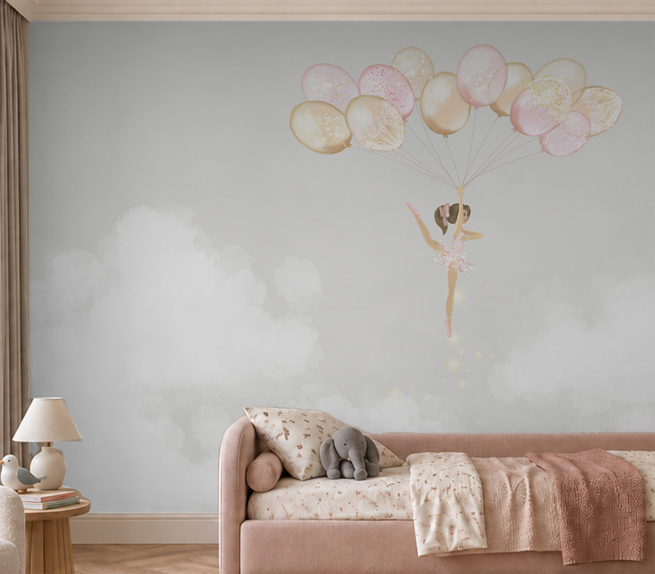 Balerin ve Balonlar Duvar Kağıdı; pembe daybed ve abajurun üstünde balonlarla uçan balerin | Craft Paper Co