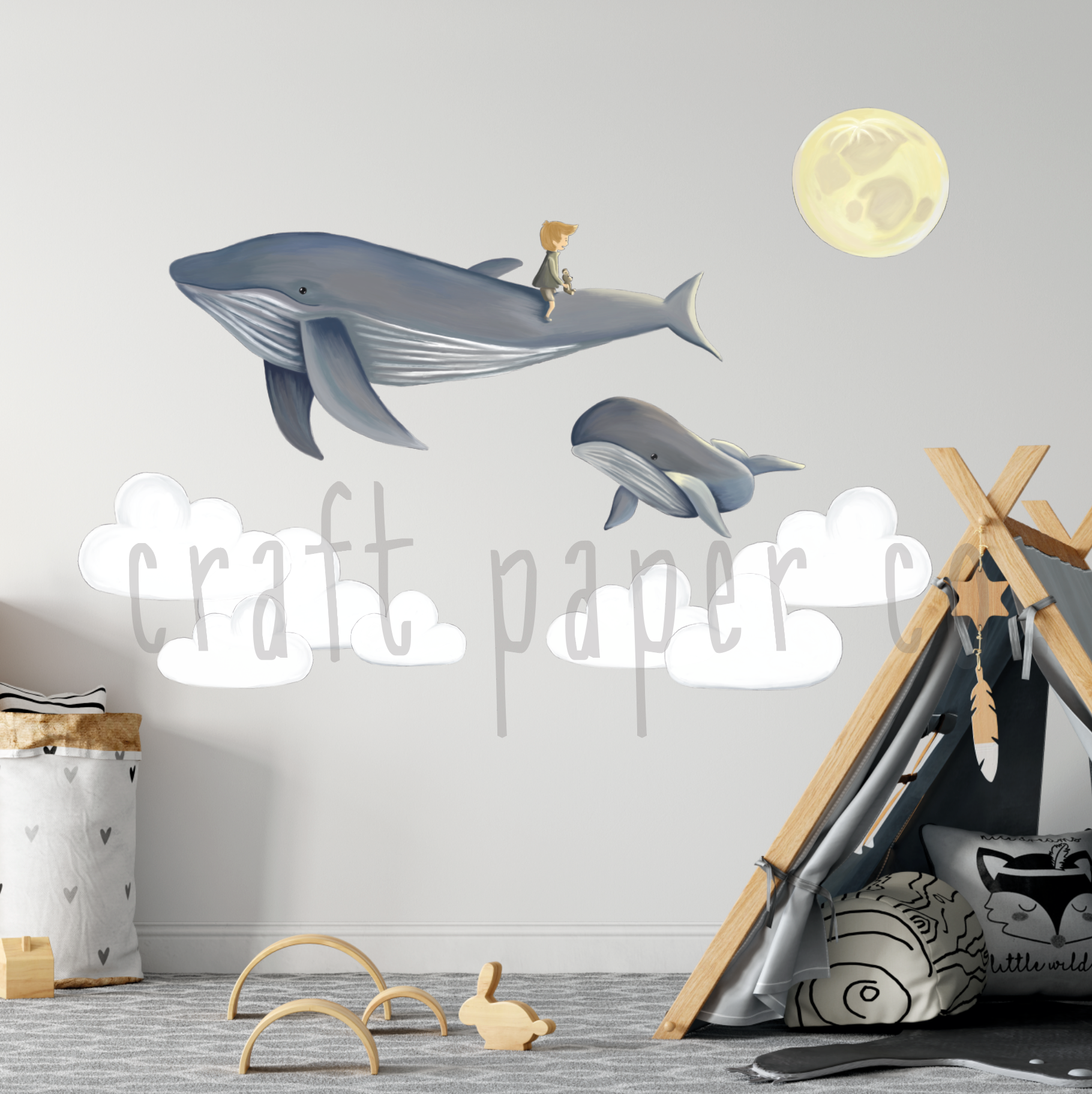 Balina Üstünde Uçan Çocuk Çocuk Odası Duvar Sticker — El çizimi çocuk odası duvar sticker | Craft Paper Co