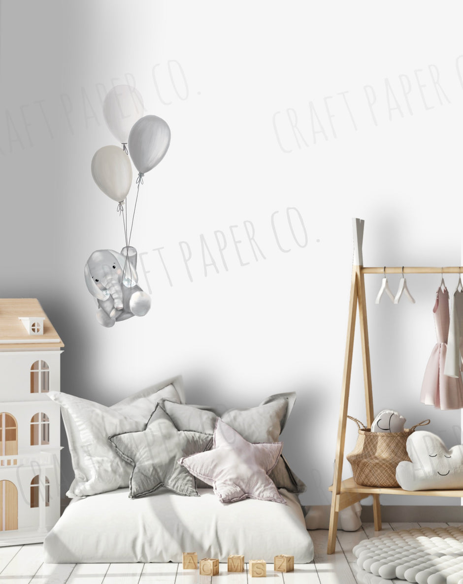 Balon Tutan Yavru Fil Bebek Odası Duvar Sticker — detay görünümü | Craft Paper Co