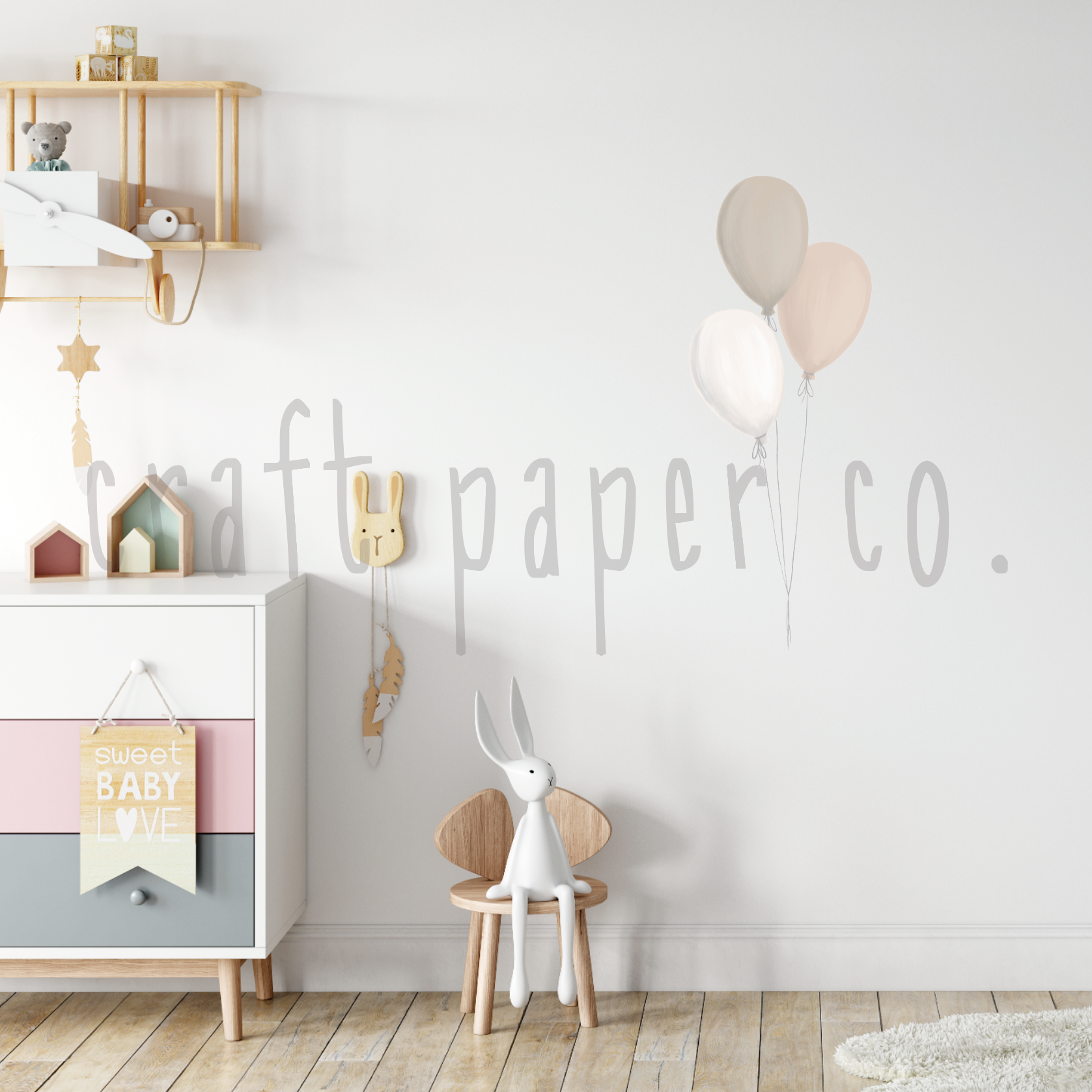 Balonlar ve Tavşancık Çocuk Odası Duvar Sticker — detay görünümü | Craft Paper Co