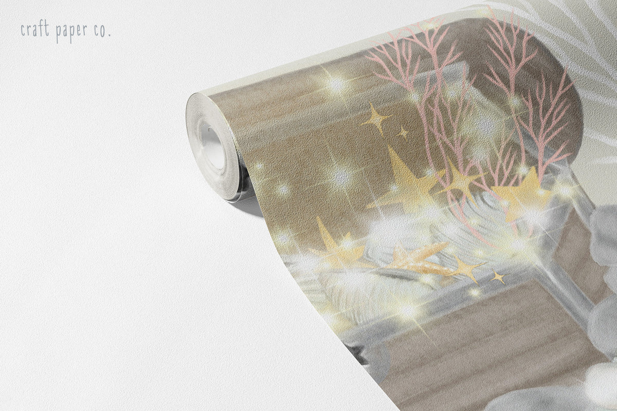 Beige Pink Pearl Mermaid Wallpaper Mural; unrolled roll showing a sparkling treasure chest and seashells | Craft Paper Co