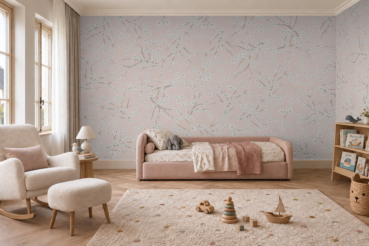 Blossom Duvar Kağıdı; pembe yataklı odada iki duvara dönen pudra pembe kiraz çiçeği deseni | Craft Paper Co