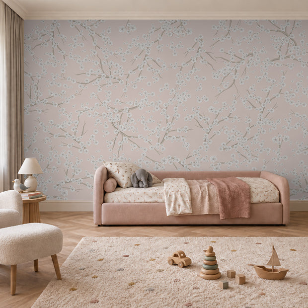 Blossom Duvar Kağıdı; pembe yataklı odada iki duvara dönen pudra pembe kiraz çiçeği deseni | Craft Paper Co