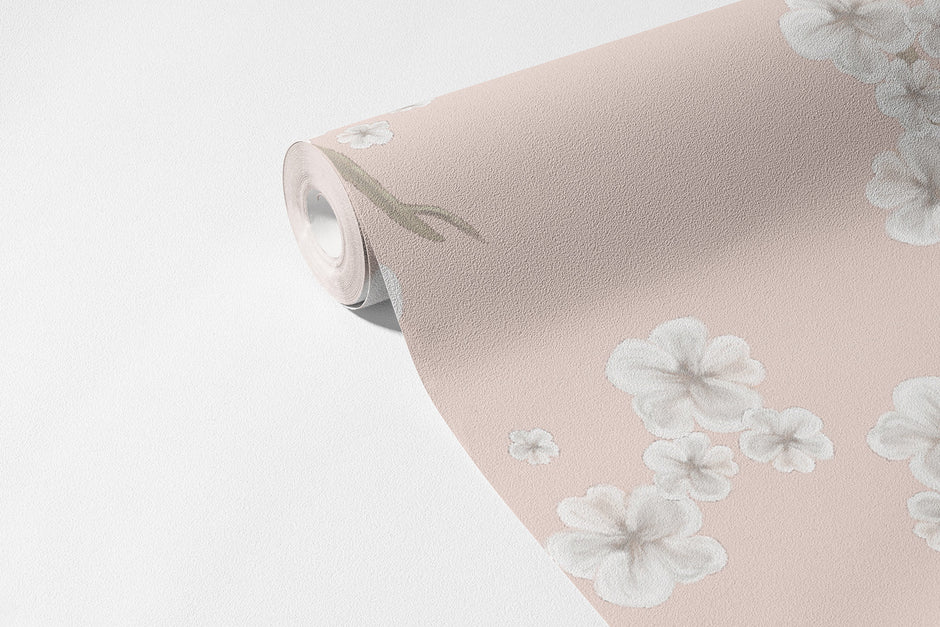 Blossom Duvar Kağıdı; rulo yakın çekim, pudra pembe fonda beyaz kiraz çiçekleri | Craft Paper Co