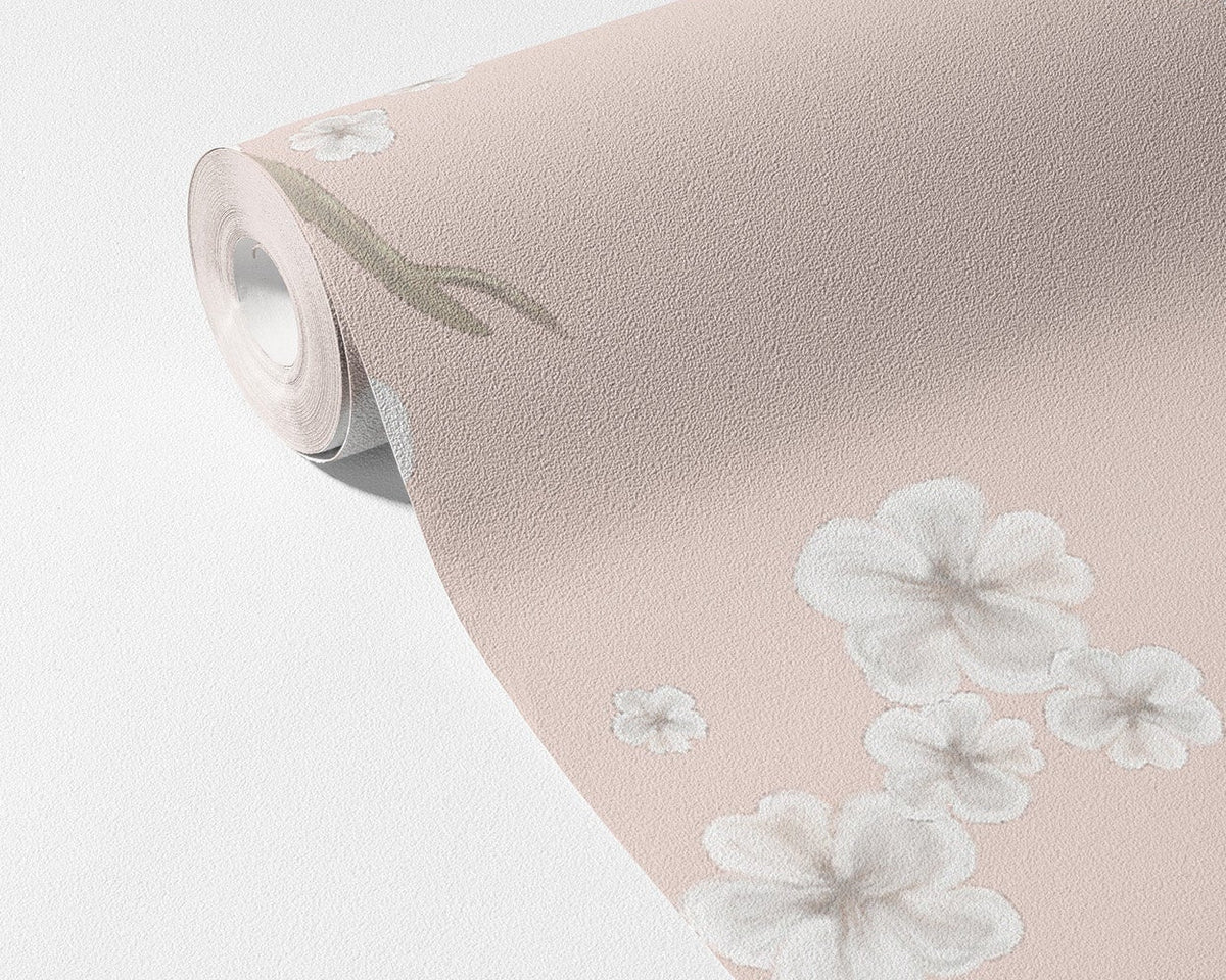 Blossom Duvar Kağıdı; açılmış rulo üzerinde beyaz çiçeklerin yakın görünümü | Craft Paper Co