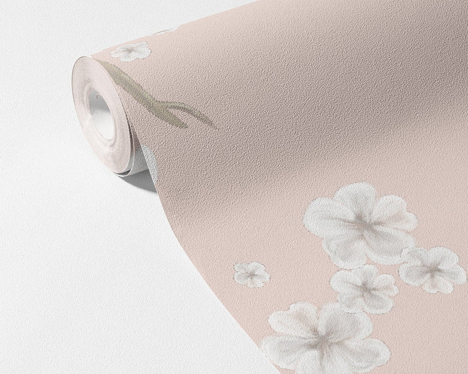 Blossom Duvar Kağıdı; açılmış rulo üzerinde beyaz çiçeklerin yakın görünümü | Craft Paper Co