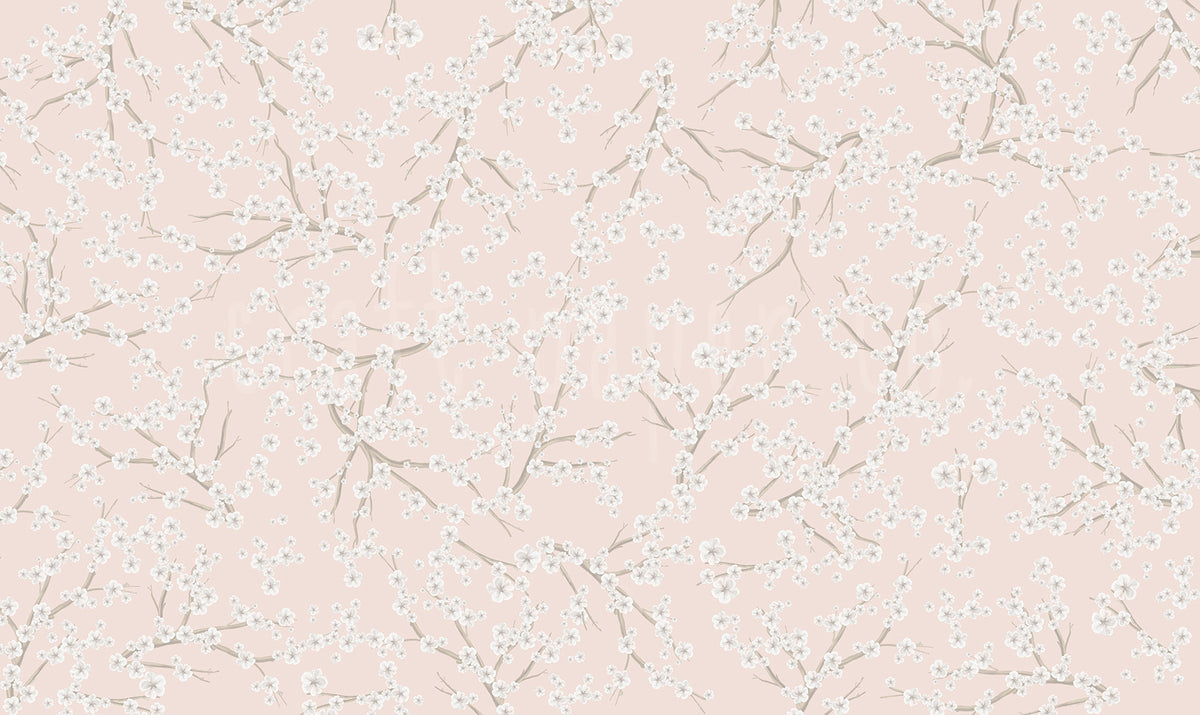 Blossom Duvar Kağıdı; pudra pembe fonda beyaz kiraz çiçekli kahverengi dallar, tekrarlı desen | Craft Paper Co