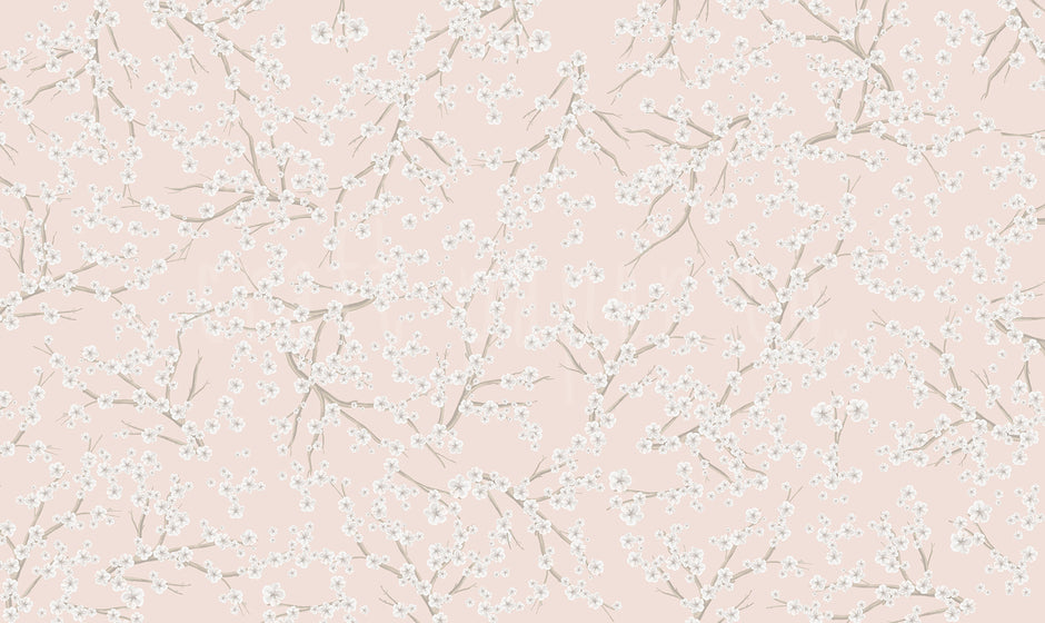 Blossom Duvar Kağıdı; pudra pembe fonda beyaz kiraz çiçekli kahverengi dallar, tekrarlı desen | Craft Paper Co