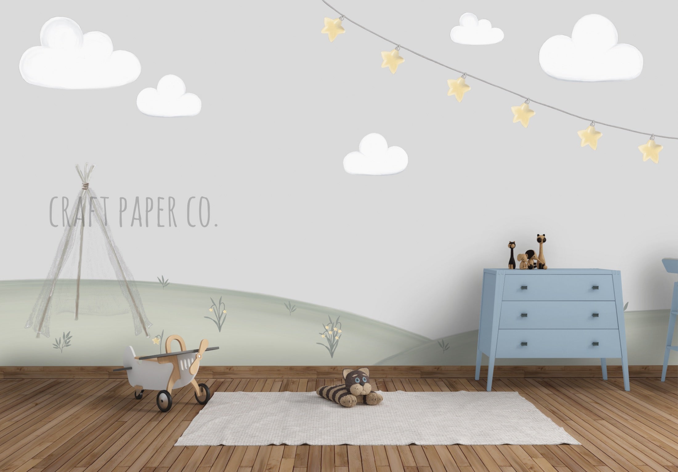 Çadır Ve Yıldız Çiçekleri Çocuk Odası Duvar Kağıdı — El çizimi, ölçüye özel üretim | Craft Paper Co