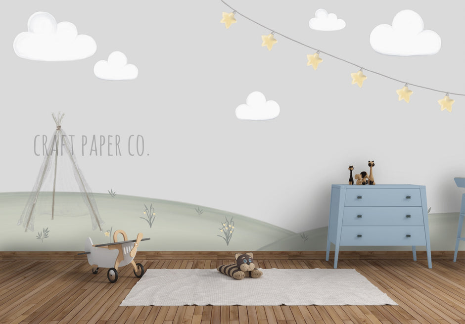 Çadır Ve Yıldız Çiçekleri Çocuk Odası Duvar Kağıdı — El çizimi, ölçüye özel üretim | Craft Paper Co