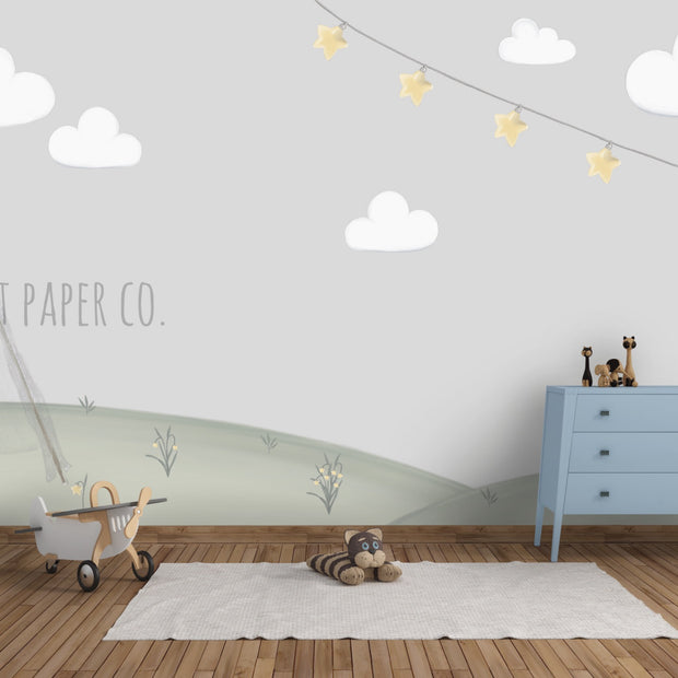 Çadır Ve Yıldız Çiçekleri Çocuk Odası Duvar Kağıdı — El çizimi, ölçüye özel üretim | Craft Paper Co