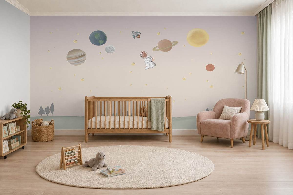 Ceylan Astronot Duvar Kağıdı; ahşap beşikli odada pembe-bej gökte gezegenler ve astronot ceylan | Craft Paper Co