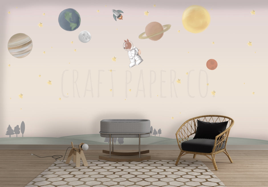 Ceylan Astronot Uzayda Erkek Çocuk Odası Duvar Kağıdı — El çizimi, ölçüye özel üretim | Craft Paper Co