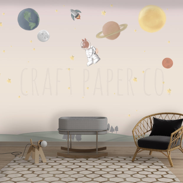Ceylan Astronot Uzayda Erkek Çocuk Odası Duvar Kağıdı — El çizimi, ölçüye özel üretim | Craft Paper Co