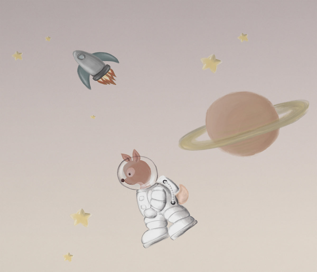 Ceylan Astronot Duvar Kağıdı; astronot ceylan, halkalı gezegen ve roketin yakın görünümü | Craft Paper Co