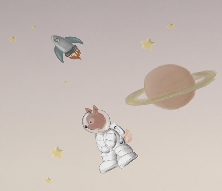 Ceylan Astronot Duvar Kağıdı; astronot ceylan, halkalı gezegen ve roketin yakın görünümü | Craft Paper Co