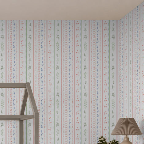 Çiçekli Şerit Duvar Kağıdı; köşeden yan duvara kesintisiz devam eden çiçekli şeritler | Craft Paper Co