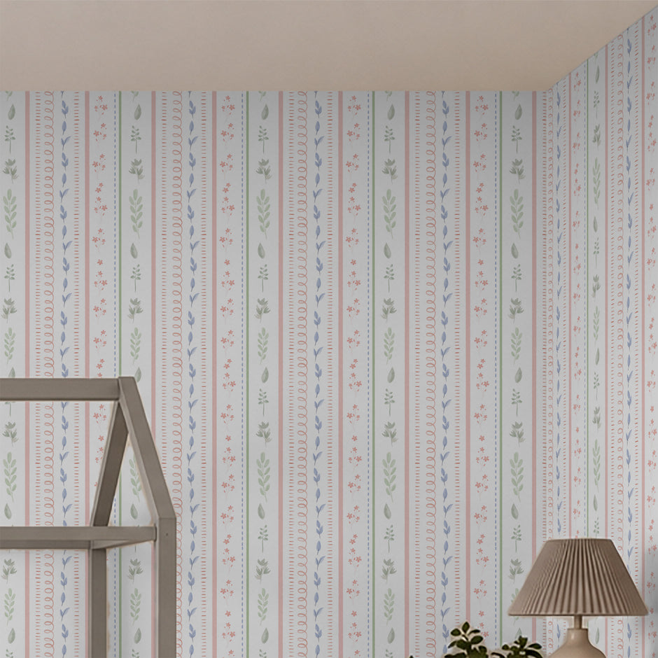 Çiçekli Şerit Duvar Kağıdı; köşeden yan duvara kesintisiz devam eden çiçekli şeritler | Craft Paper Co