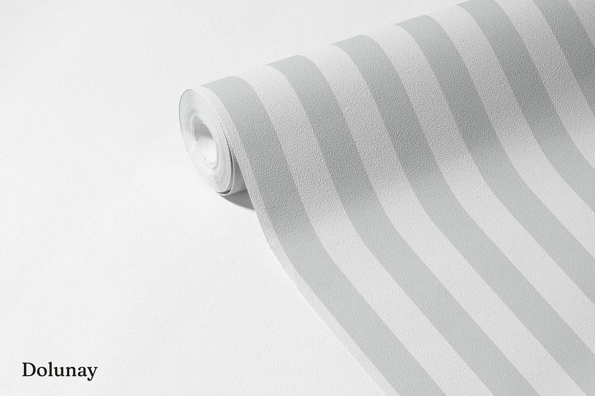 Çizgili Duvar Kağıdı Dolunay; açılmış non-woven ruloda açık gri dikey çizgiler | Craft Paper Co