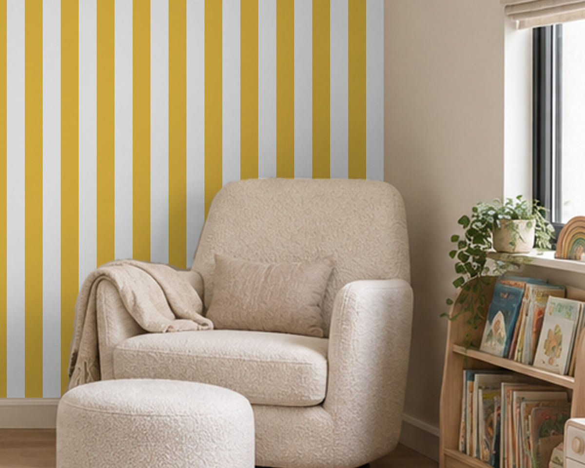 Striped Wallpaper Mural in Mustard; close-up of mustard yellow stripes behind a cream armchair | Craft Paper Co