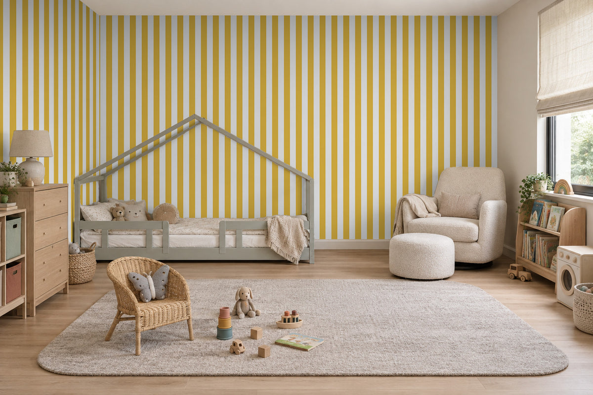 Striped Wallpaper Mural in Mustard; mustard yellow stripes wrapping onto the side wall in a kids' room with a house bed | Craft Paper Co