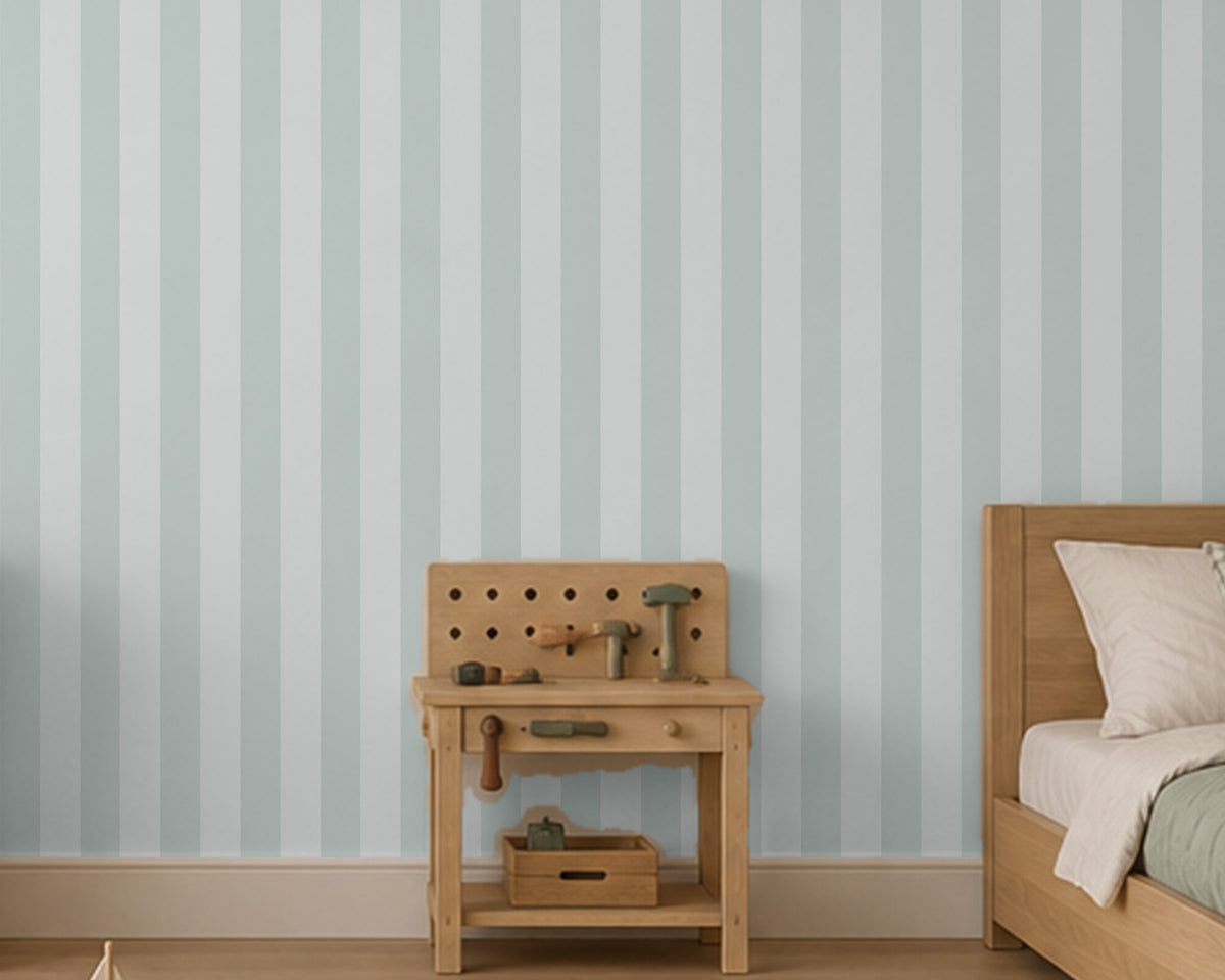 Striped Wallpaper Mural in Mint; close-up of mint stripes behind a wooden play kitchen | Craft Paper Co