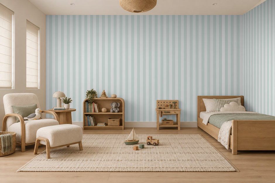 Striped Wallpaper Mural in Mint; mint stripes wrapping onto the side wall in a kids' room with a wooden bed | Craft Paper Co