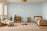 Striped Wallpaper Mural in Mint; mint stripes wrapping onto the side wall in a kids' room with a wooden bed | Craft Paper Co