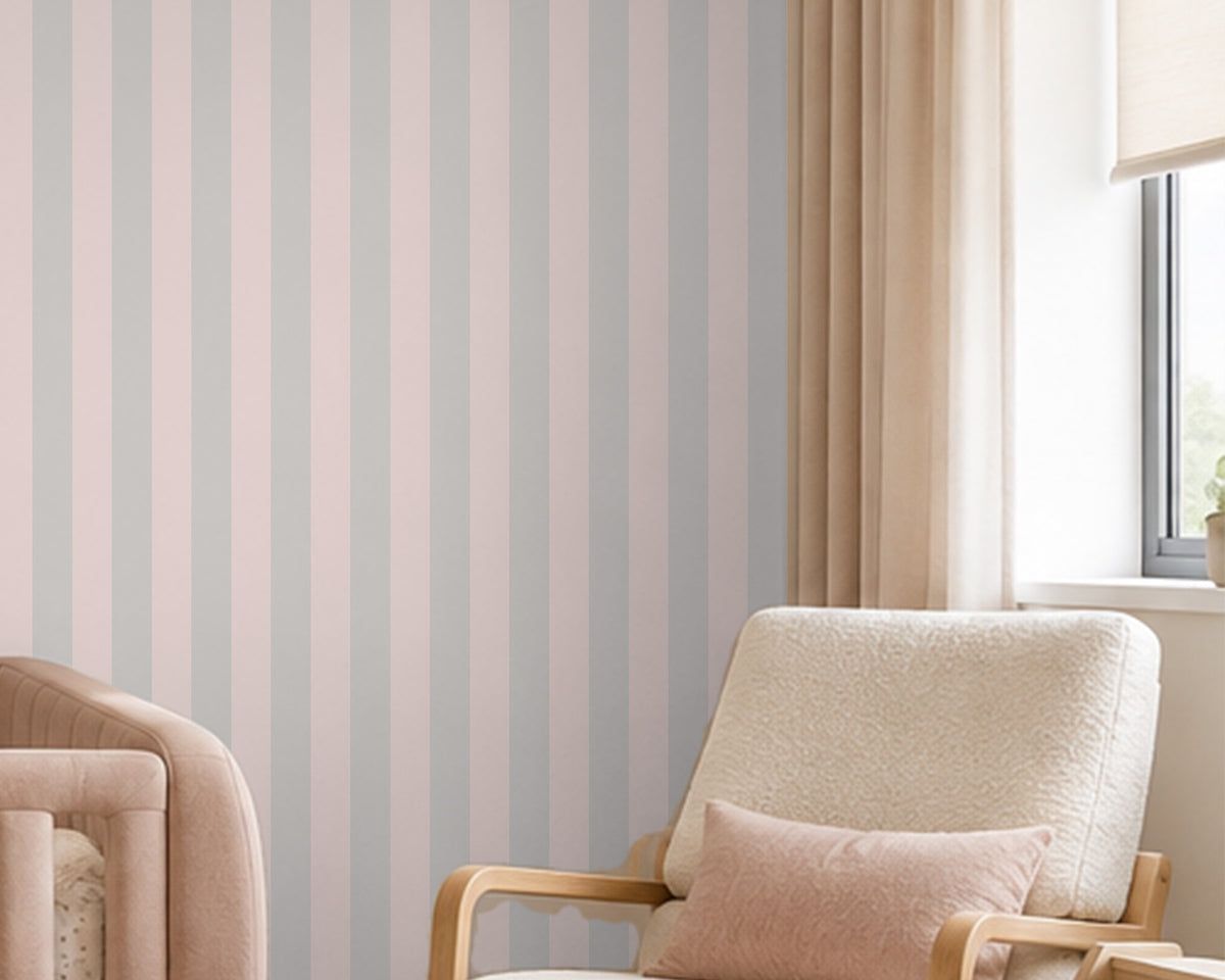 Striped Wallpaper Mural in Pink Grey; close-up of pink and gray stripes behind a pink armchair | Craft Paper Co