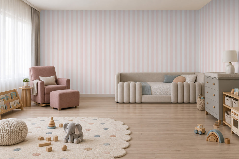 Çizgili Vanilla Pink Duvar Kağıdı; pembe berjerli çocuk odasında yan duvara dönen vanilya pembesi çizgiler | Craft Paper Co
