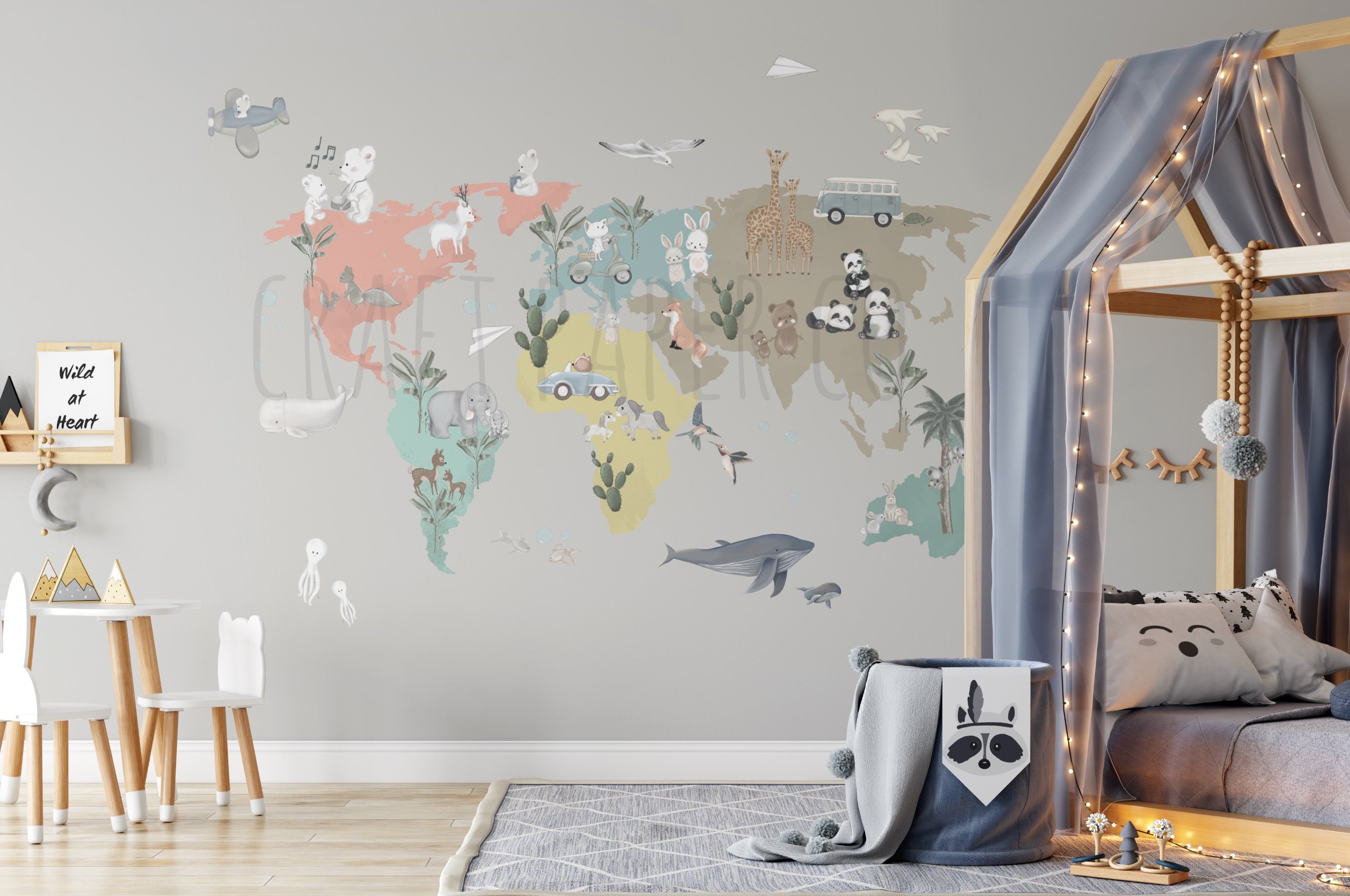 Craft Paper Co. Dünya Haritası Sticker Seti Çocuk Odası Duvar Sticker — El çizimi çocuk odası duvar sticker | Craft Paper Co