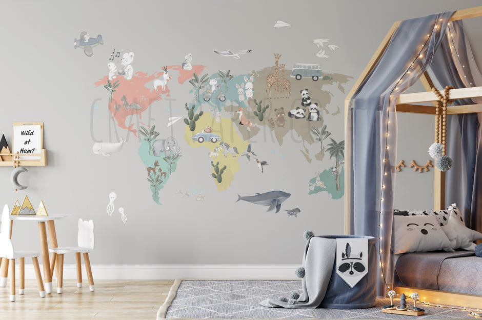 Craft Paper Co. Dünya Haritası Sticker Seti Çocuk Odası Duvar Sticker — El çizimi çocuk odası duvar sticker | Craft Paper Co