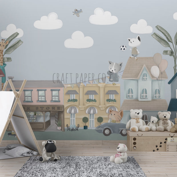 Craft Paper Co. Sokağı (Zürafalı) Çocuk Odası Duvar Kağıdı — El çizimi, ölçüye özel üretim | Craft Paper Co