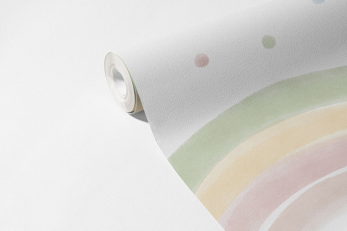Suluboya Gökkuşağı ve Puantiyeler Duvar Kağıdı; desenli kağıt rulosunda yakın görünüm ve doku | Craft Paper Co