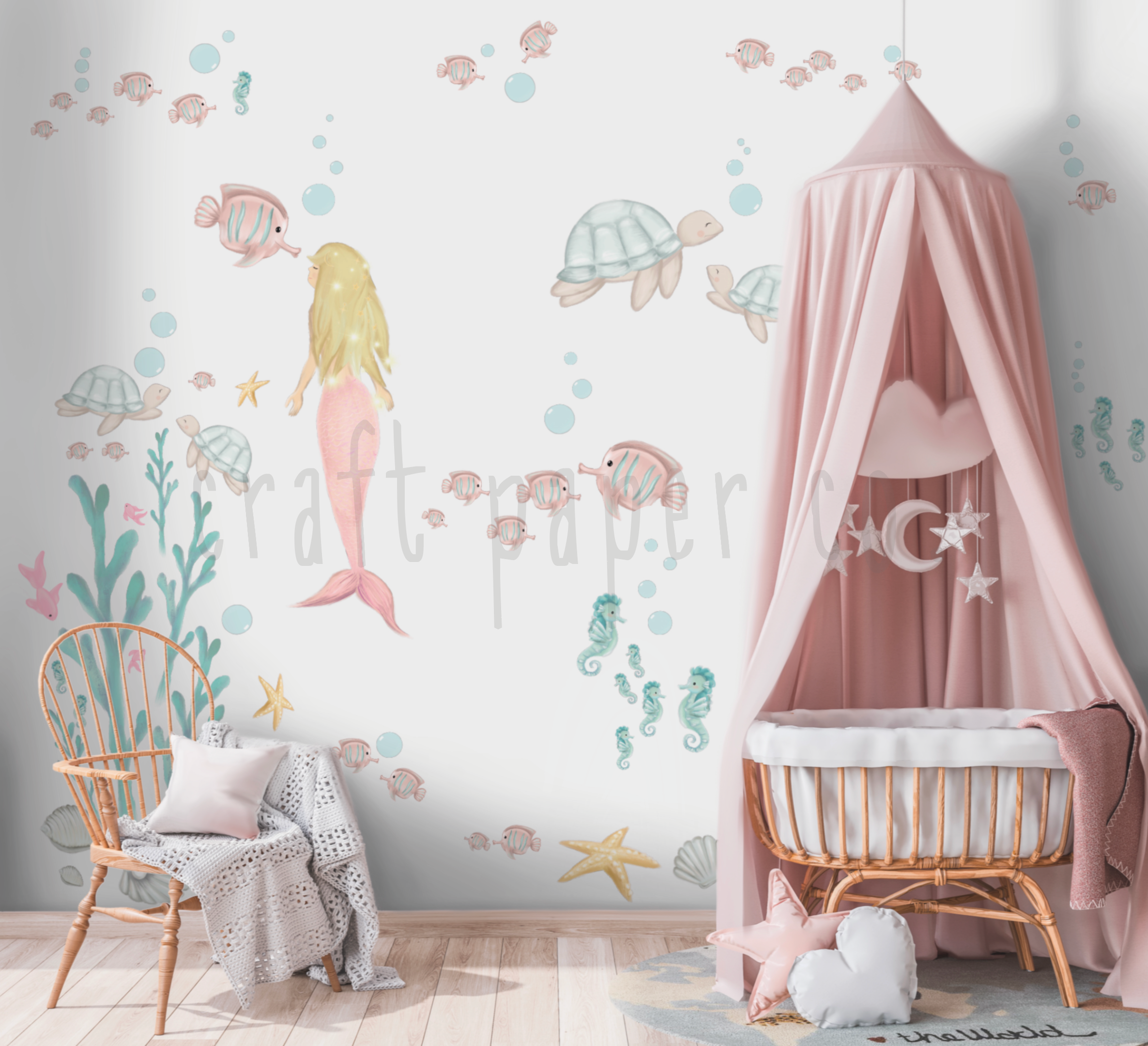 Deniz Kız Kız Çocuk Odası Duvar Sticker — El çizimi çocuk odası duvar sticker | Craft Paper Co