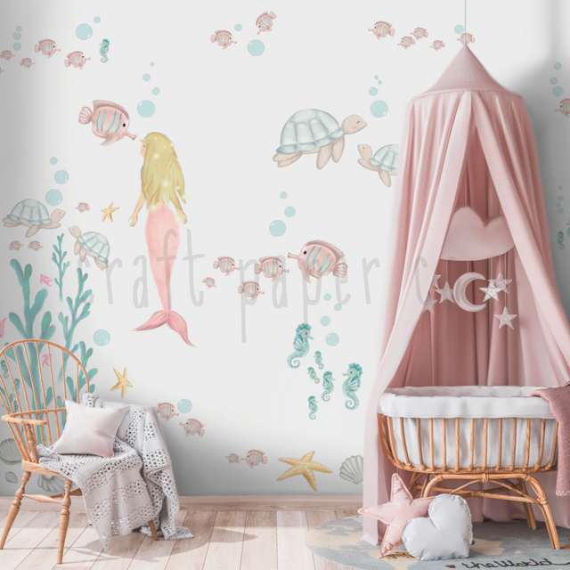 Deniz Kız Kız Çocuk Odası Duvar Sticker — El çizimi çocuk odası duvar sticker | Craft Paper Co