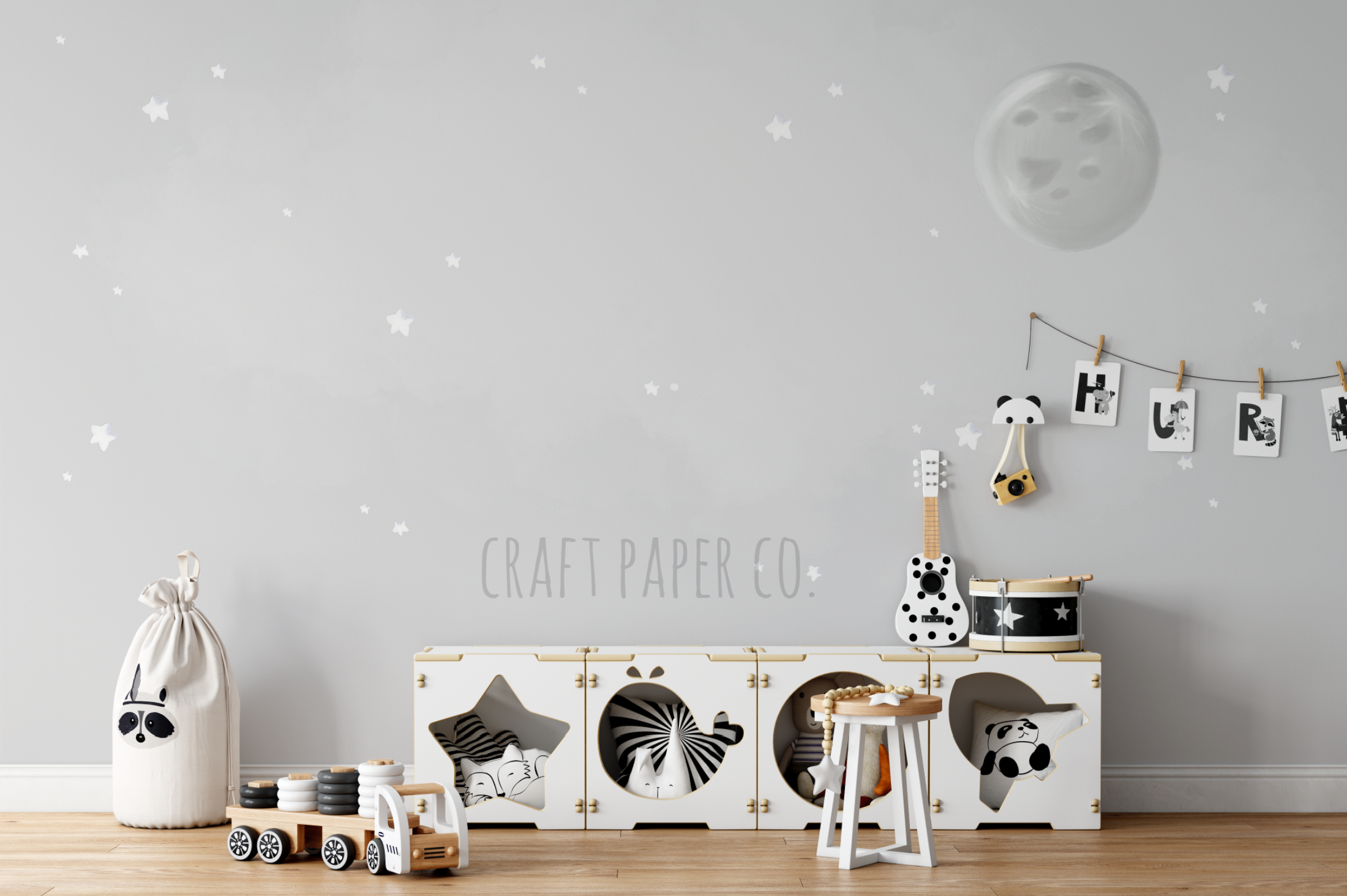 Dolunay Ve Beyaz Yıldızlar Çocuk Odası Duvar Kağıdı — El çizimi, ölçüye özel üretim | Craft Paper Co