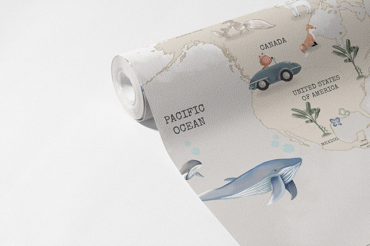 Klasik Dünya Haritası Duvar Kağıdı Grej; açılmış 94 cm non-woven ruloda harita ve hayvan figürleri | Craft Paper Co
