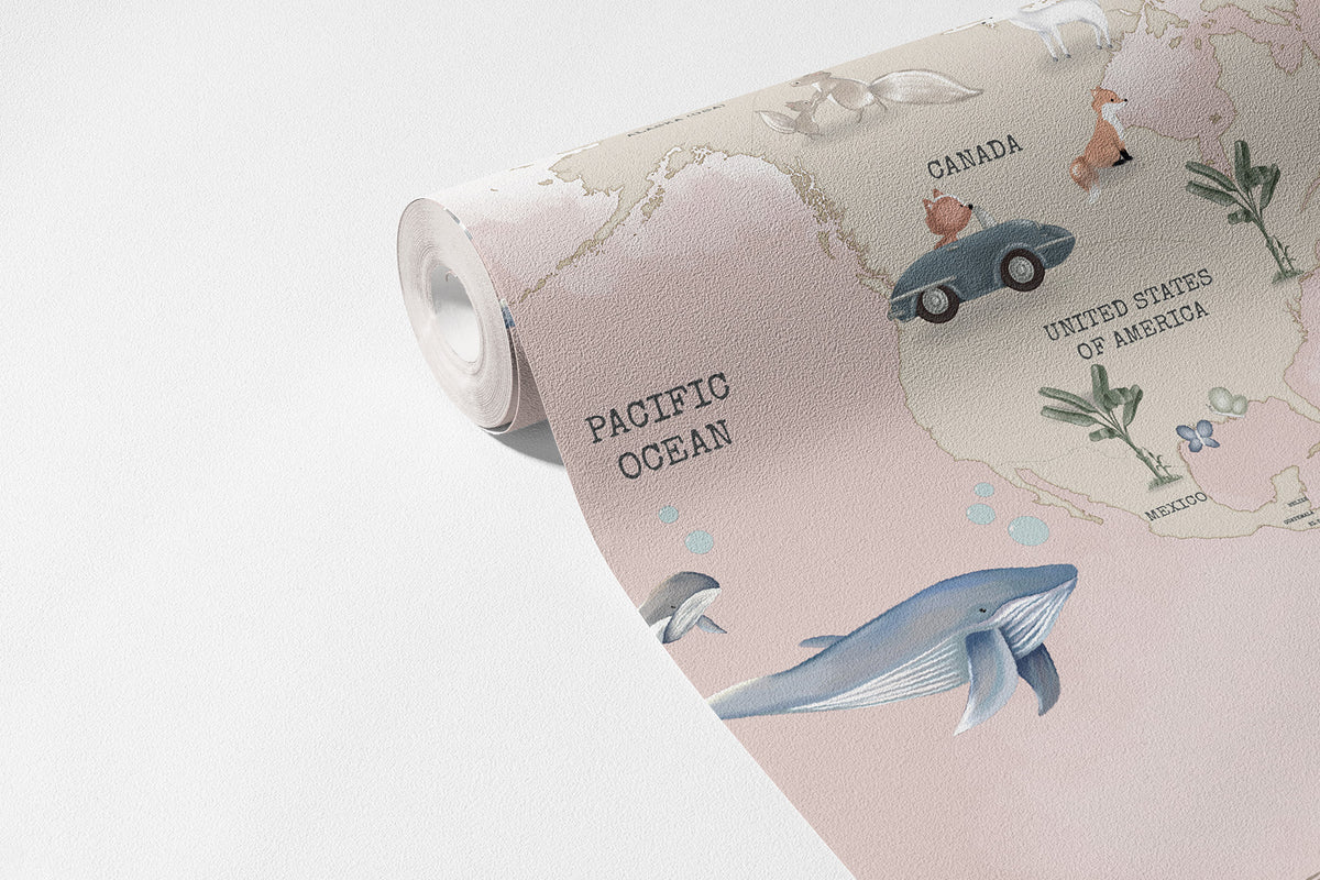 Klasik Dünya Haritası Duvar Kağıdı Tatlı Pembe; açılmış 94 cm ruloda harita ve hayvan figürleri | Craft Paper Co