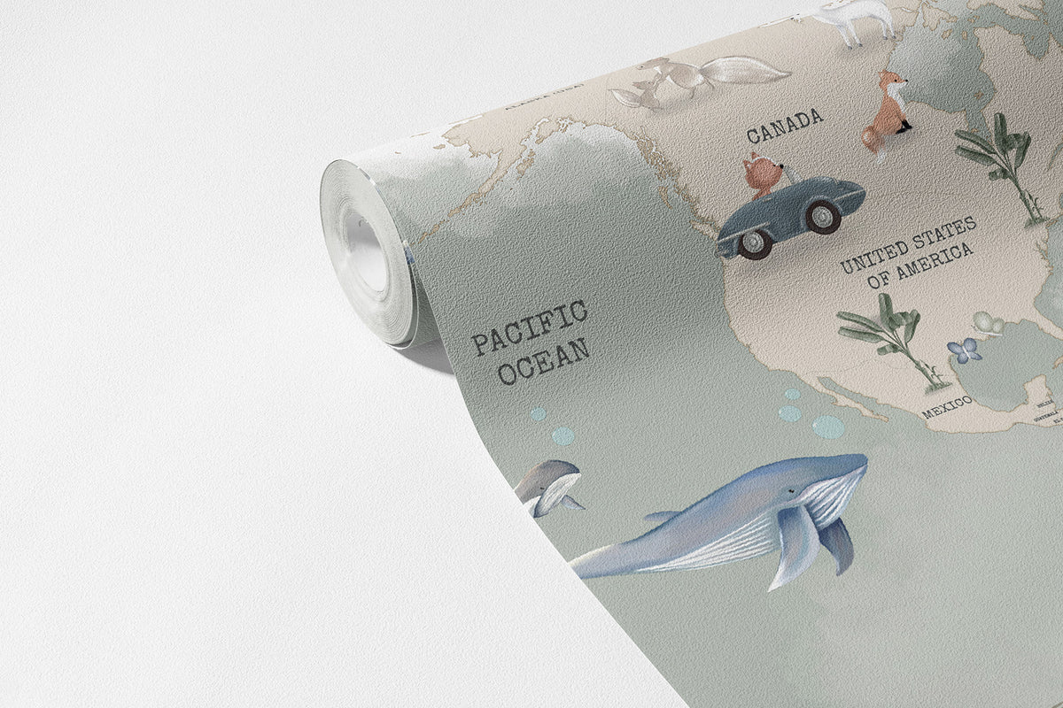 Klasik Dünya Haritası Duvar Kağıdı Vintage Yeşil; açılmış 94 cm ruloda harita ve hayvan figürleri | Craft Paper Co